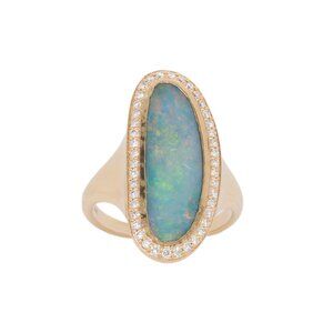 3.66cts Boulder Opal Ring in Solid 14K Gold with Natural Diamond Halo